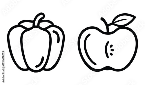 Simple outline drawing of a bell pepper and an apple