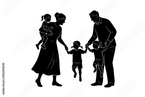 Silhouette Family: A heart-warming silhouette captures the essence of a family's bond, with a mother and father guiding their children, radiating love and unity. 