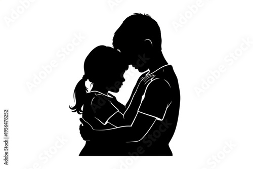 Sibling Silhouette of Love: A tender silhouette captures the essence of sibling affection as a boy gently embraces his sister, their heads close in a shared moment of familial closeness.