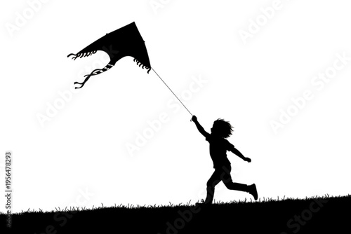 Soaring Dreams: A silhouetted child joyfully flies a kite, embracing the open sky in a moment of pure bliss and freedom. 