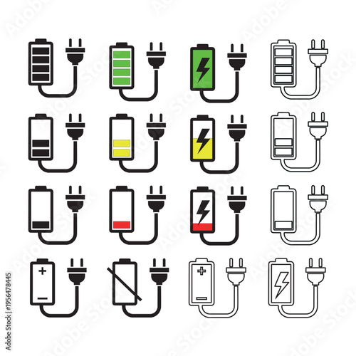 Battery charging icons set