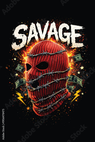 Aggressive masked face with barbed wire and money, representing danger, rebellion, and urban street culture