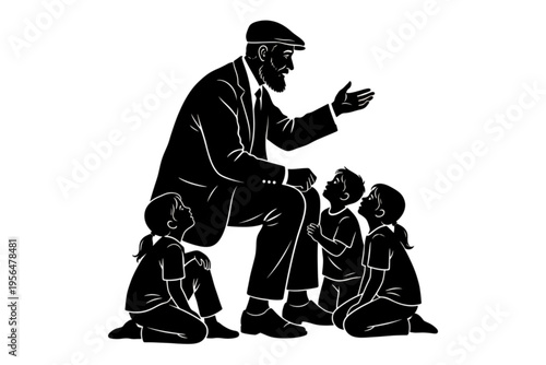 Illustration of a Storyteller and Young Listeners: A captivating illustration showcases a distinguished storyteller engaging with attentive young listeners.