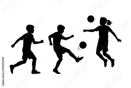 Dynamic Silhouette: A trio of young athletes showcase their skills, moving dynamically with a soccer ball. This illustration portrays agility, teamwork, and the energy of youth.