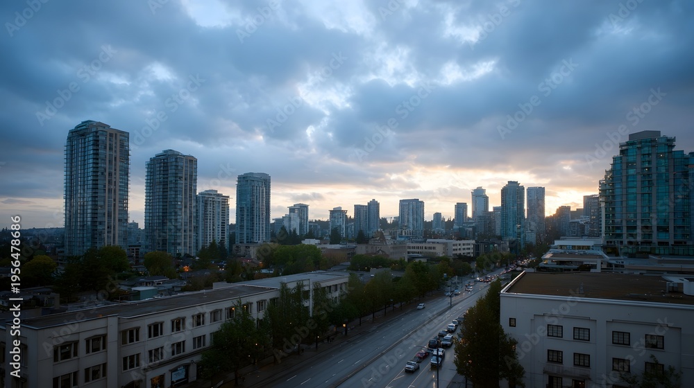 Obraz premium Modern urban cityscape at dusk with dramatic cloudy sky and high rise buildings
