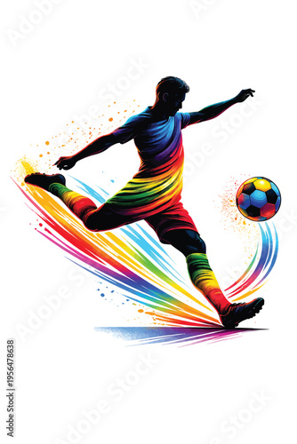Football player silhouette kicking ball, rainbow colors splash effect, dynamic sport concept
