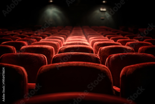 An empty theater with red velvet seating, arranged in rows, leading towards the stage, lit by spotlights