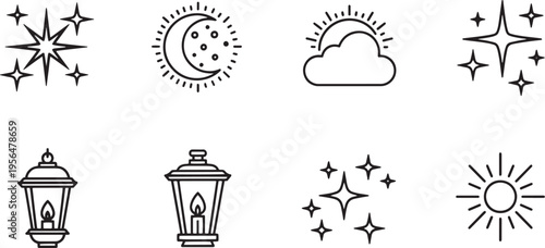 A set of vector line art silhouettes featuring celestial and lantern icons in a simple design