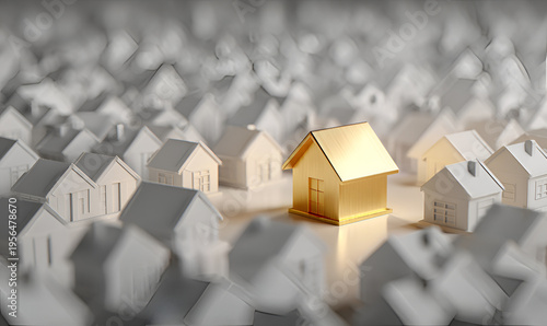 An eye-level, slightly blurred image of miniature houses, with one gold-colored house central, standing out among grayscale replicas