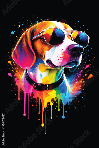 Cool beagle dog wearing sunglasses, abstract paint splatter background, pet portrait