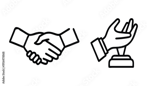 Handshake and open hand on pedestal icons representing agreement and award