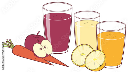 Assortment of fresh juices in glasses with apple, carrot, and lemon slices and whole fruits on a white background