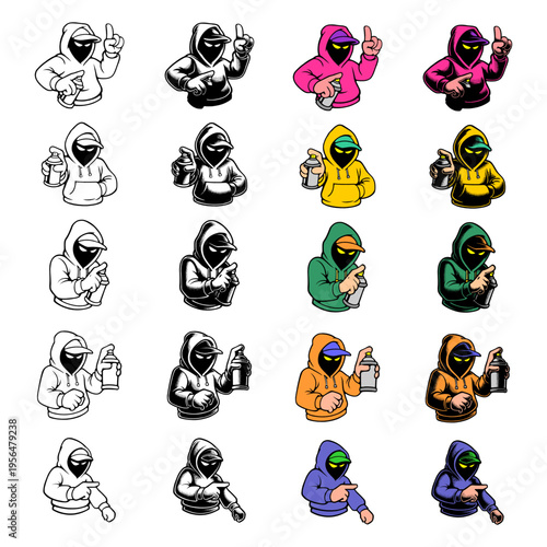 Massive Set of Twenty Five Graffiti Artist Character Icons in Diverse Colors for Multiple Designs.