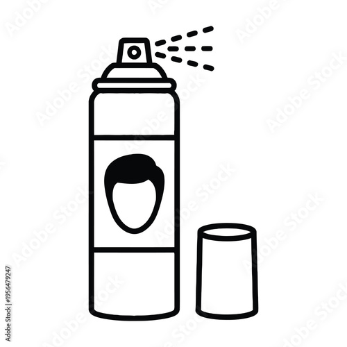 Hair spray can with cap off spraying aerosol black and white illustration simple line art