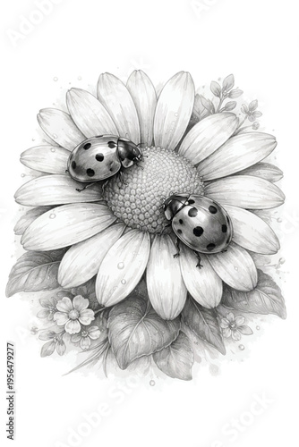 Two ladybugs on a daisy - black and white nature illustration with creepy crawly
