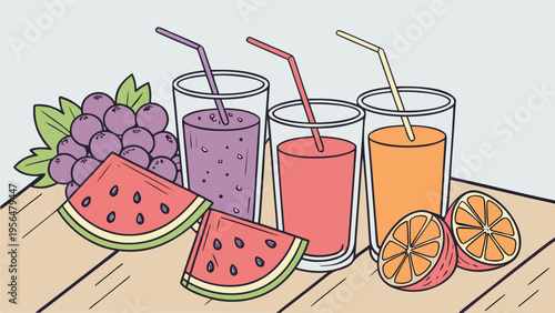 Assorted fruit juices, watermelon, oranges, and grapes on a wooden table with decorative foliage and flowers