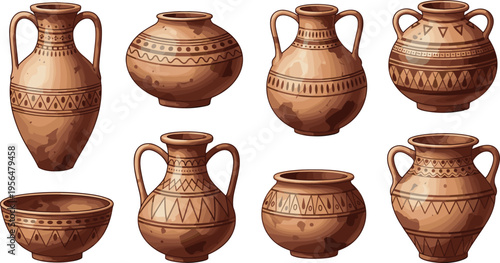 Decorative clay pottery collection with patterned ceramic vases jugs bowls traditional handmade earthenware set vector illustration design