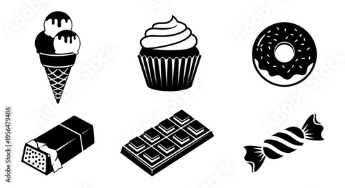 Simple set of ice cream dessert and chocolate candy icons in a colorful vector style