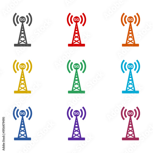 5G antenna tower transmitter icon isolated on white background. Set icons colorful