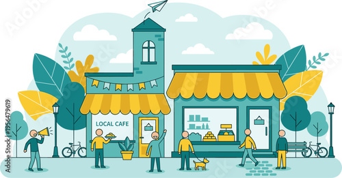 Vibrant flat vector illustration of a local cafe and small shop with people walking dogs and cycling.