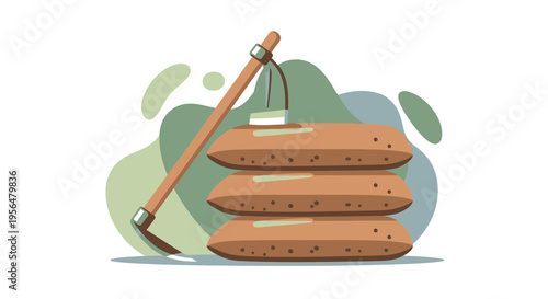 Illustration depicting agricultural tools and harvest, suggesting the essence of rural labor and