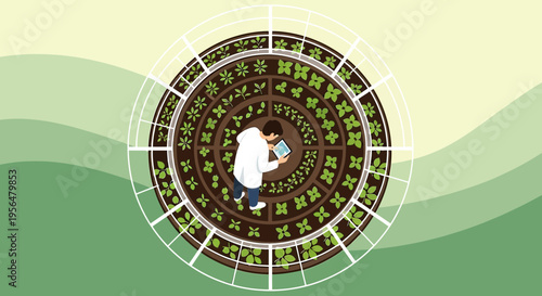 Illustration depicting an agronomist using technology to monitor plant growth in a circular garden