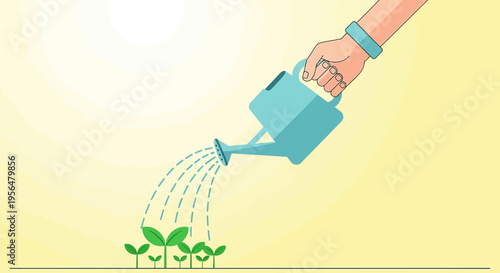 Illustration depicting plant nurturing through the act of watering with a watering can symbolising