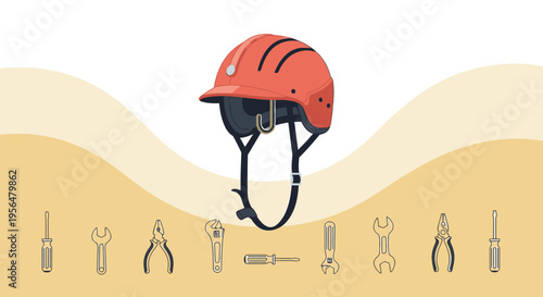 Illustration depicting safety helmet and various hand tools, representing construction and