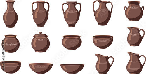 Traditional clay pottery set with ceramic jugs bowls vases handmade earthenware collection rustic kitchen utensils vector illustration