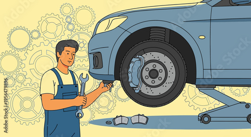 Illustration displaying a mechanic expertly repairing a car's brakes with precision and mechanical