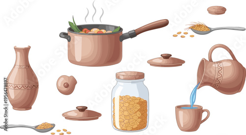 Kitchen cooking set with pot jar cup jug grains preparation utensils homemade food ingredients collection vector illustration design