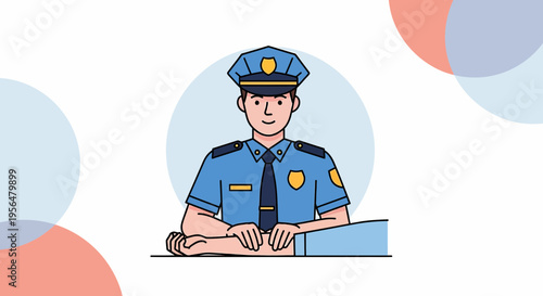 Illustration featuring a uniformed policeman at a desk in a simple cartoon style art conveying
