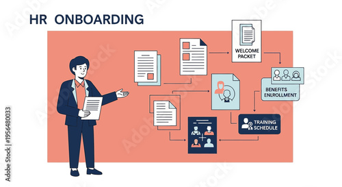 Illustration depicting a human resources onboarding process with document flow diagram