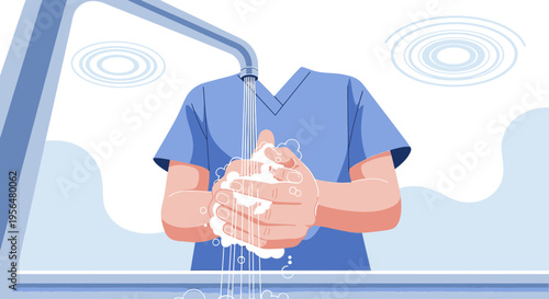 Illustration depicting a medical professional thoroughly washing hands for hygiene and infection