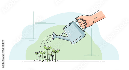 Illustration depicting a nurturing hand watering seedlings with watering can in a vibrant scene
