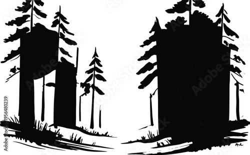 Silhouettes of dense coniferous forest trees are depicted against a white background in a stark graphic style.
