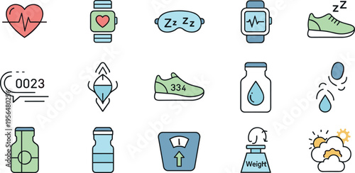 Fitness tracking icons for wearable technology wellness monitoring and daily healthy lifestyle activity symbols vector collection