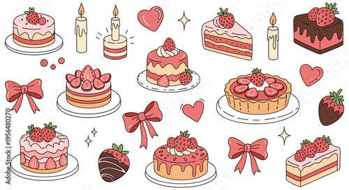 Colorful cartoon desserts with strawberries and bows in cute illustration for Valentines Day