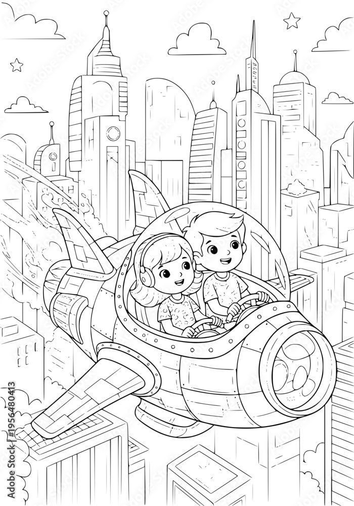 Fototapeta premium Children of the future riding flying vehicles coloring page