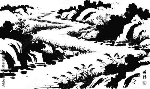 A stark black and white ink wash illustration depicts a winding mountain stream flowing between dark, rocky banks.