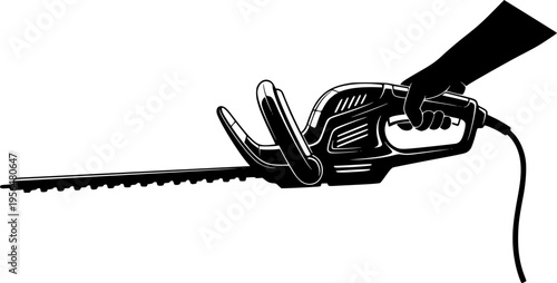 Electric hedge trimmer vector illustration, black garden power tool silhouette, handheld trimming equipment design for landscaping, gardening, outdoor maintenance graphics