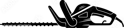 Electric hedge trimmer vector illustration, black garden power tool silhouette, handheld trimming equipment design for landscaping, gardening, outdoor maintenance graphics