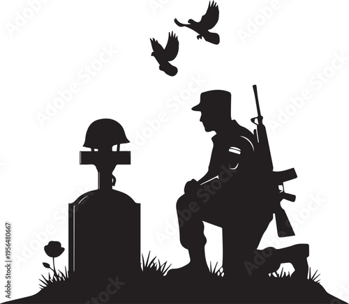 Soldier kneeling at tombstone helmet doves vector silhouette illustration line art
