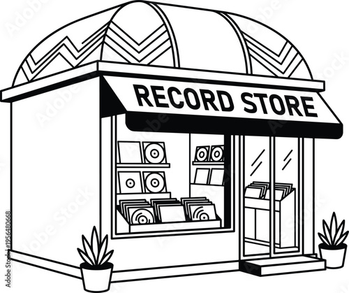 Vintage Style Record Store Building Vector Illustration Featuring Vinyl Discs In Window Display
