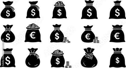 Money Bag or Sack Black Silhouette Vector Set, Currency Finance Investment Symbol Icons, Savings Wealth Treasure Graphic Elements, Budget Loan and Banking Concept Illustration.