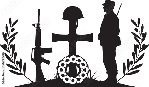 Soldier next to cross with helmet, rifle, wreath and olive branches vector silhouette