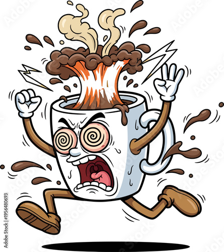 Angry coffee cup cartoon character exploding with steam and splashes running away frantically