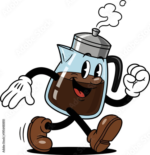 Happy coffee pot character in vintage cartoon style walking with steaming lid and cheerful expression on checkered background