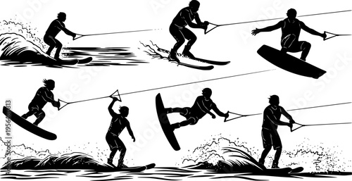 Set of Water Skiers and Wakeboarders Silhouettes Showing Dynamic Action Poses, Jumps, and Tricks for Extreme Water Sports and Summer Recreation Vector Illustration