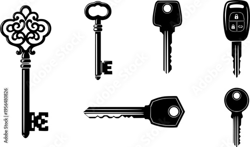Set of vintage and modern key vector icons collection, black silhouette illustration, security, antique design, lock, access, locksmith, decoration
